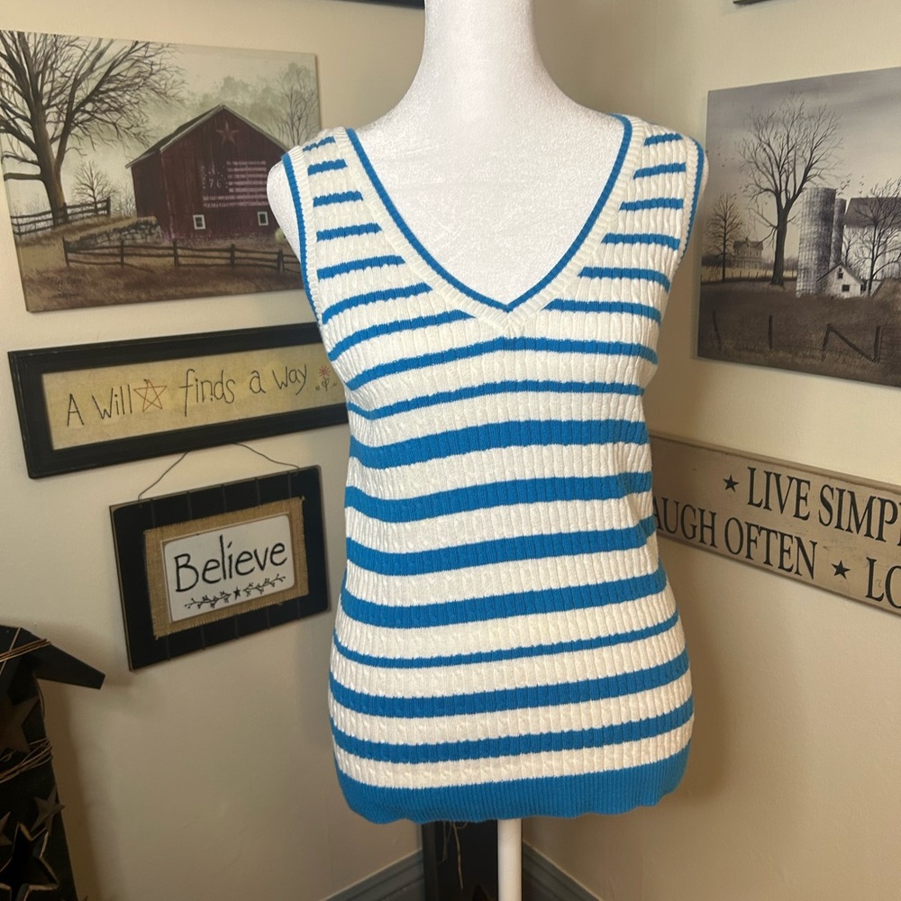 JEANNE PIERRE Blue and White Striped Tank Top